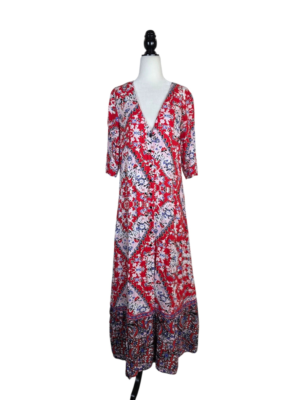 Zingara Red Abstract print button down  Maxi  Dress with V-Neck